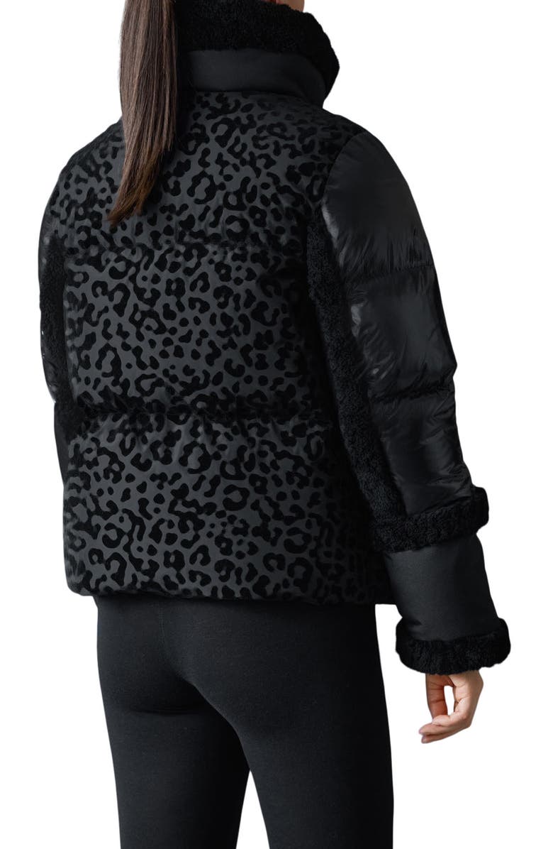 Mackage Lydana Leopard Pattern Down Jacket with Genuine Shearling Trim and Removable Bib, Alternate, color, Black-Black
