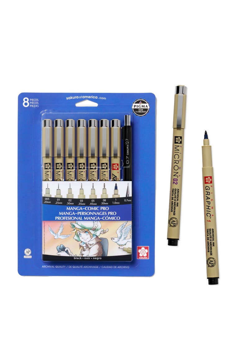 Pigma Micron Manga Comic Pro Fineliner Black Pens, Pencil, 8 Pack, Main, color, Black