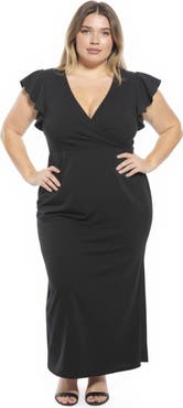 24seven Comfort Apparel Plus Size Solid V-Neck Tulip Hem Ruffle Sleeve Faux Wrap Maxi Dress