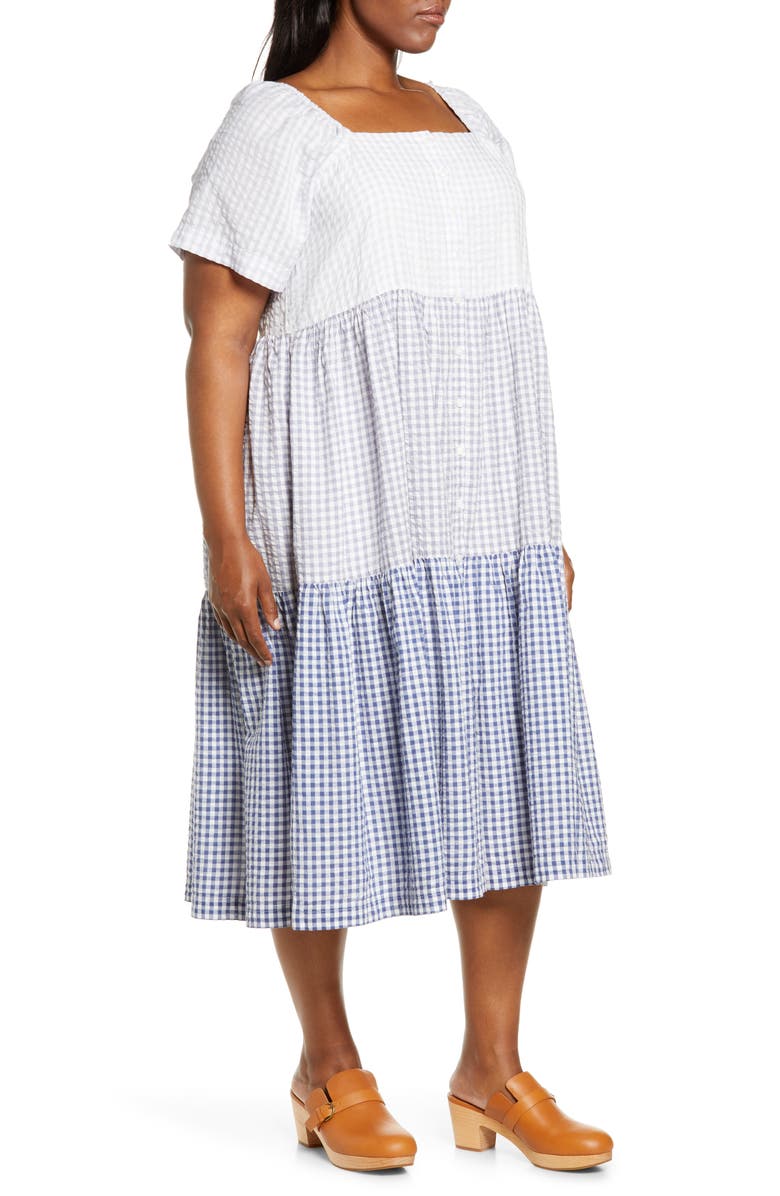 Madewell Patchwork Gingham Button Front Tiered Midi Dress, Alternate, color, 