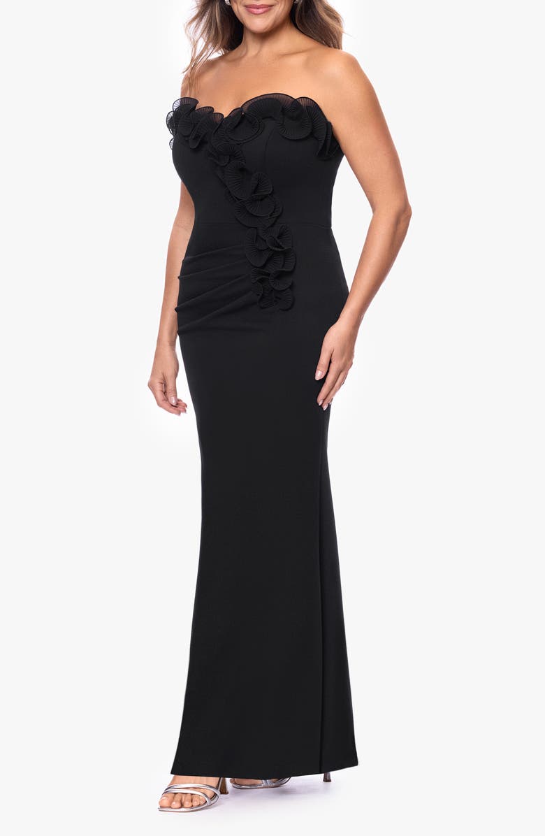 Xscape Evenings Pleat Ruffle Strapless Scuba Gown, Alternate, color, Black
