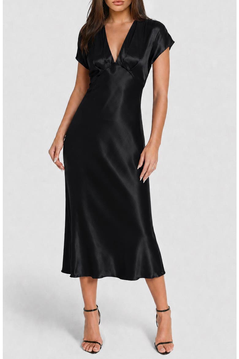 Satin Cap Sleeve Midi Dress, Main, color, BLACK
