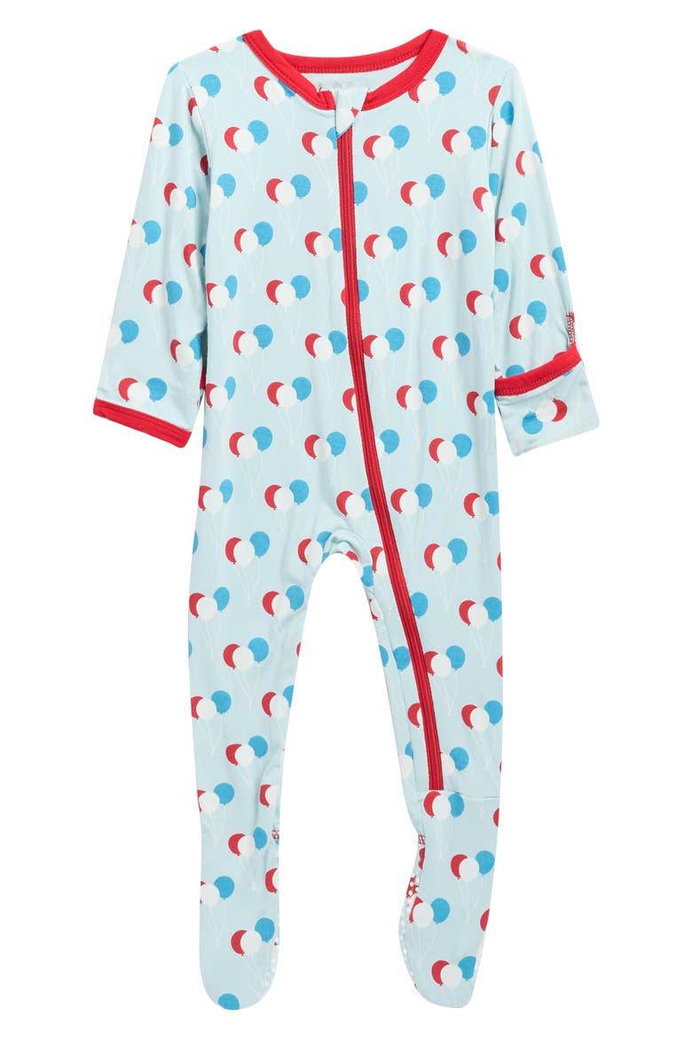 Balloon Print Zip Fitted Footie, Main, color, SPRING SKY BIRTHDAY