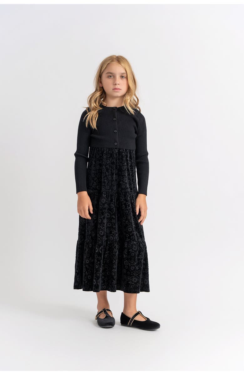 Seal Tiered Velour Embossed Jumper & Button-Front Cardigan Set, Alternate, color, Black