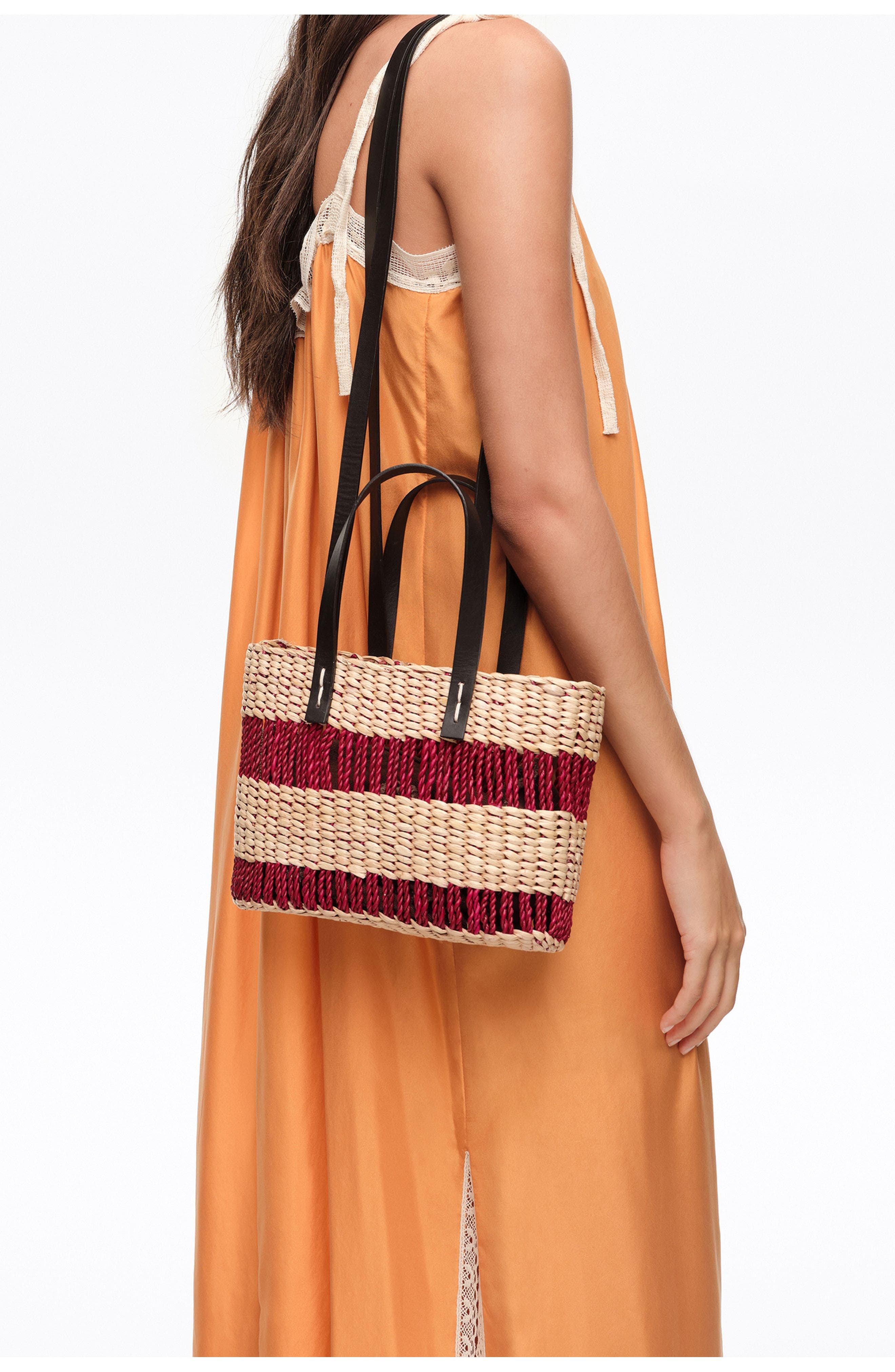 Small Raffia Basket Bag, Alternate, color, BURGUNDY