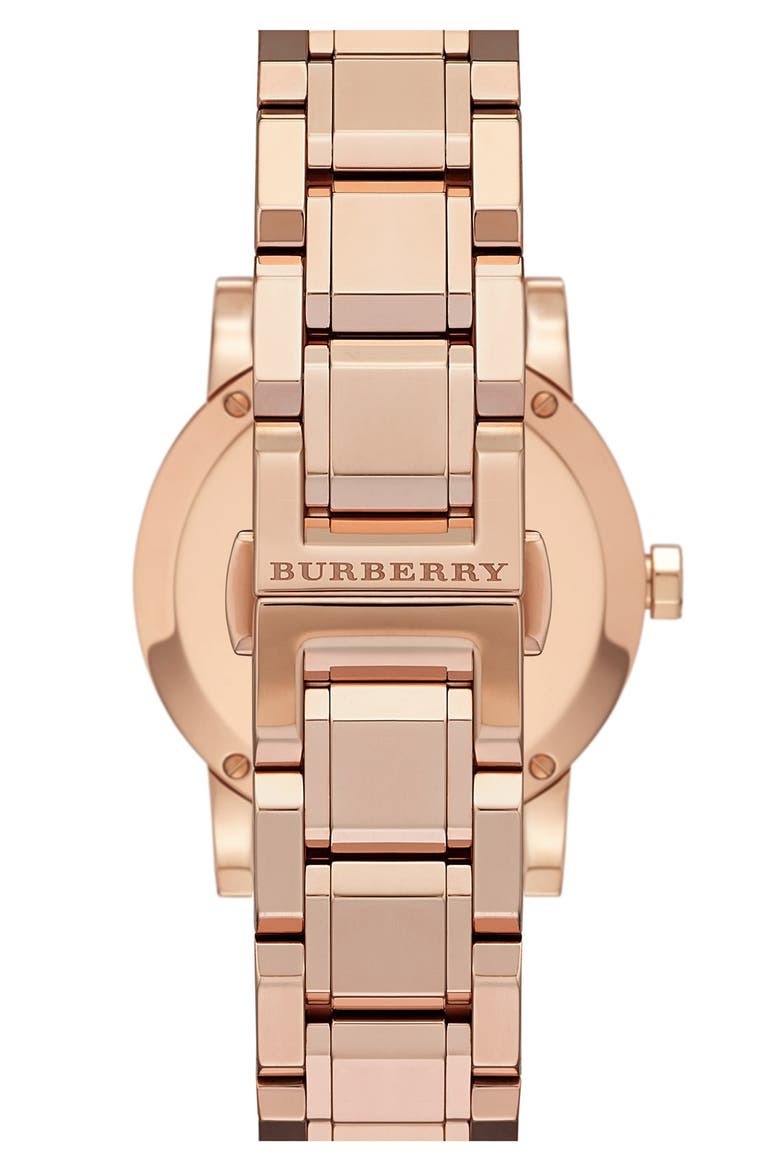 Check Stamped Round Bracelet Watch, 34mm, Alternate, color, ROSE GOLD