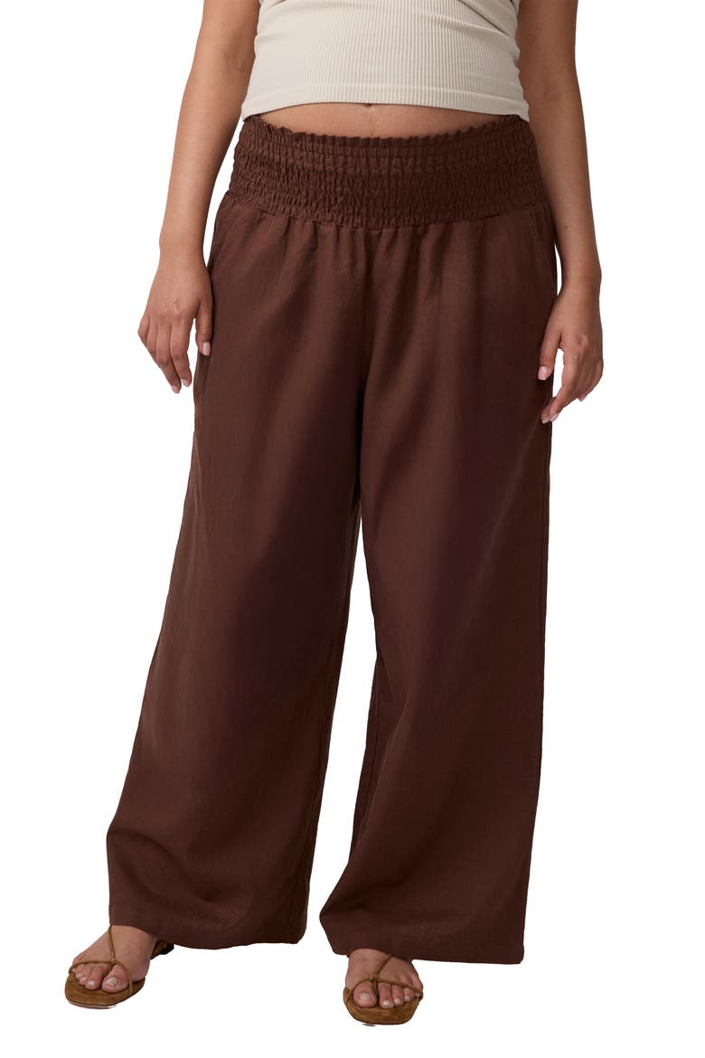Smocked Linen Wide Leg Pant, Alternate, color, Dark Brown
