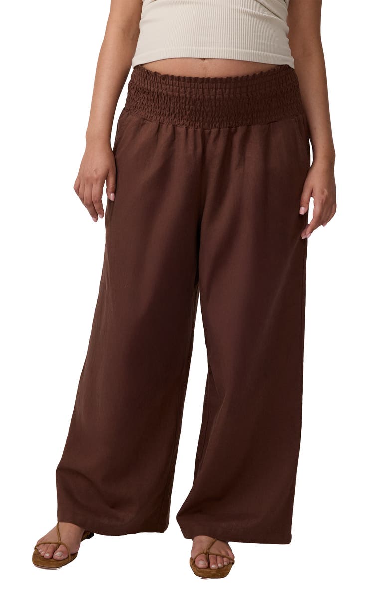 Ingrid & Isabel Smocked Linen Wide Leg Pant, Alternate, color, Dark Brown