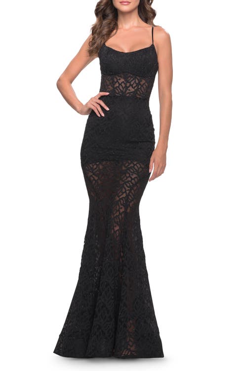 La Femme Romper Lace Dress With Sheer Skirt And Lace Up Back