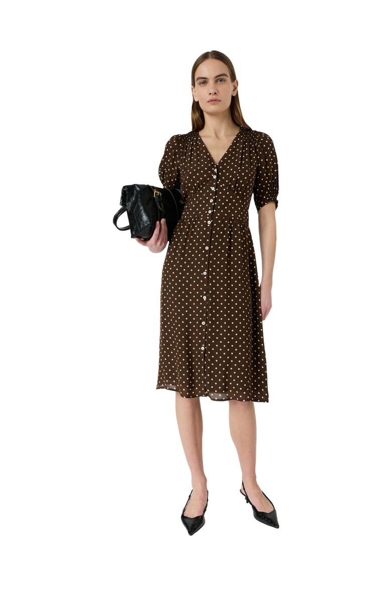 Rohya V-Neck Polka Dot Midi Dress, Alternate, color, Brown
