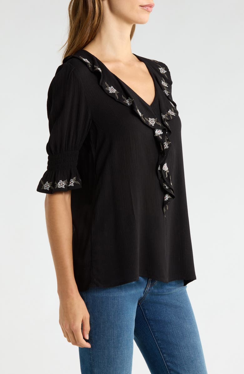 Bobeau Ruffle Embroidered Top, Alternate, color, Black