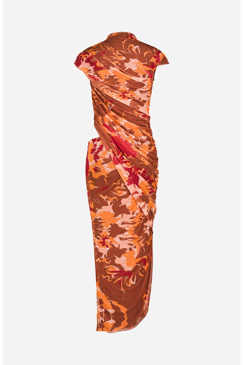 Lyra Printed Draped Mesh Dress, Alternate, color, Brown Print