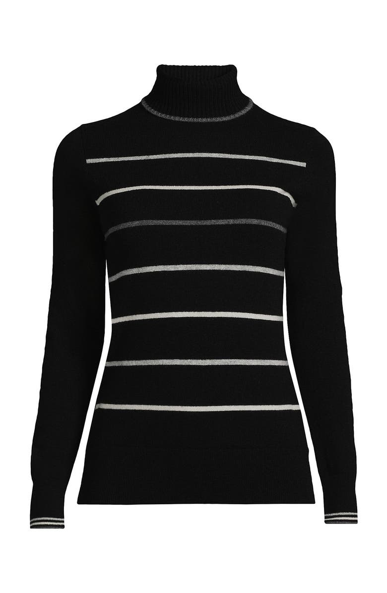 Lands' End Cashmere Turtleneck Sweater, Alternate, color, Black Heritage Stripe