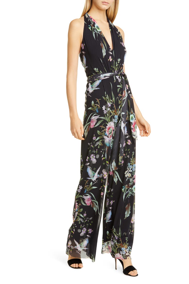 Floral Print Tulle Halter Jumpsuit, Alternate, color, NERO