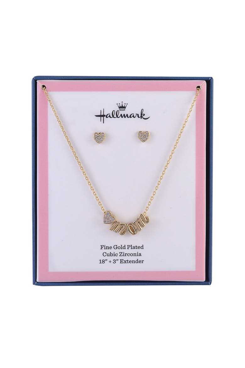 Gold Tone Mom and Heart Pendant Necklace and Earring Set, Alternate, color, Gold