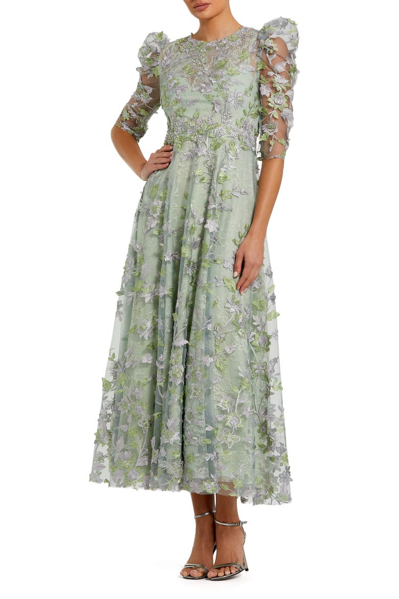 Applique High Neck 3/4 Puff Sleeve A Line Dress, Main, color, Sage