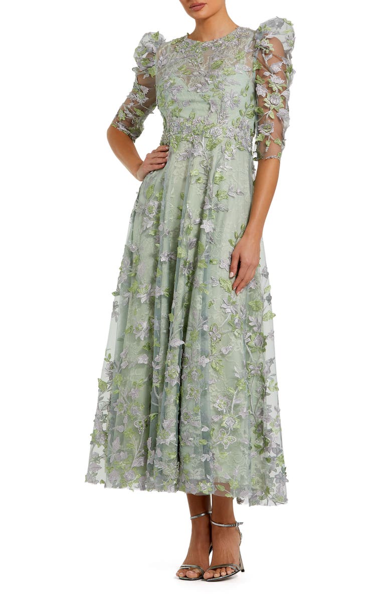 Mac Duggal Applique High Neck 3/4 Puff Sleeve A Line Dress, Main, color, Sage