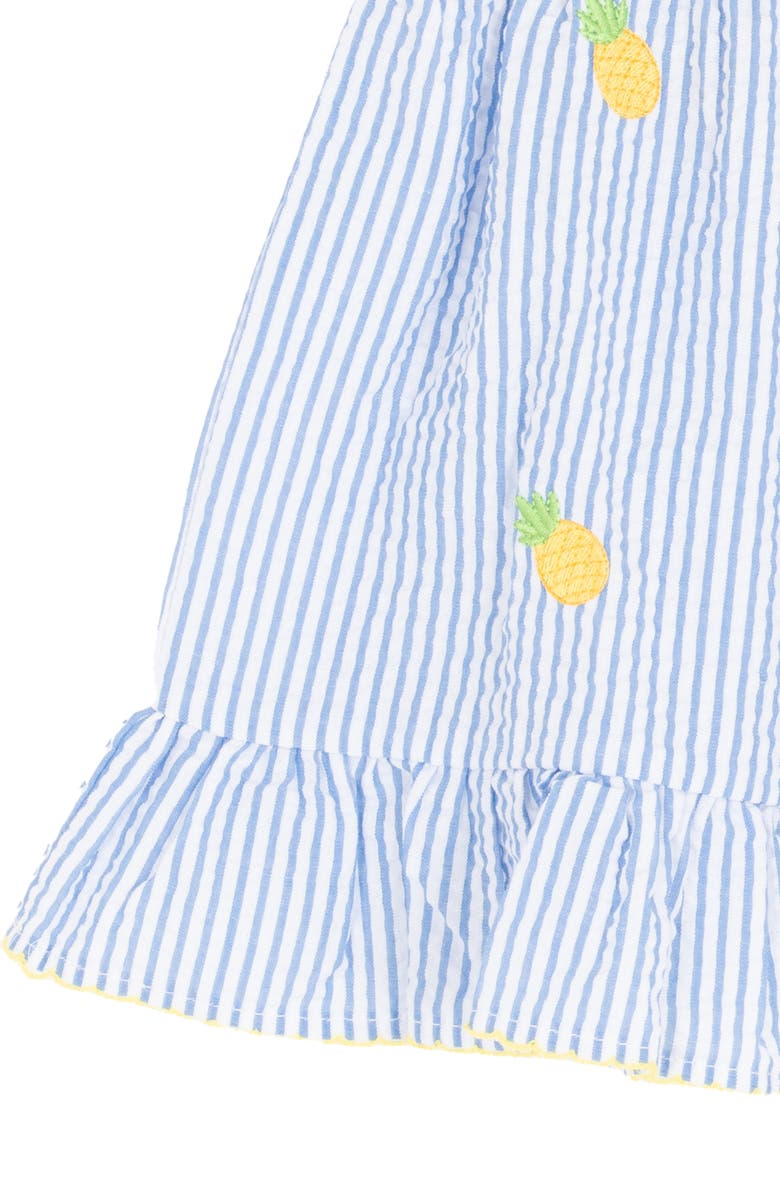 Rare Editions Ruffle Shirred Seersucker Dress & Bloomers, Alternate, color, Blue