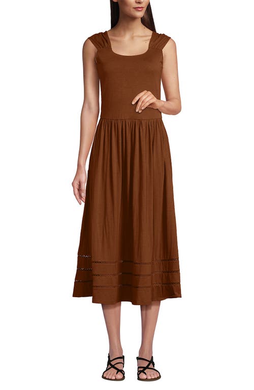 Lands' End Slub Cap Sleeve Shirred Skirt Midi Dress In Brown