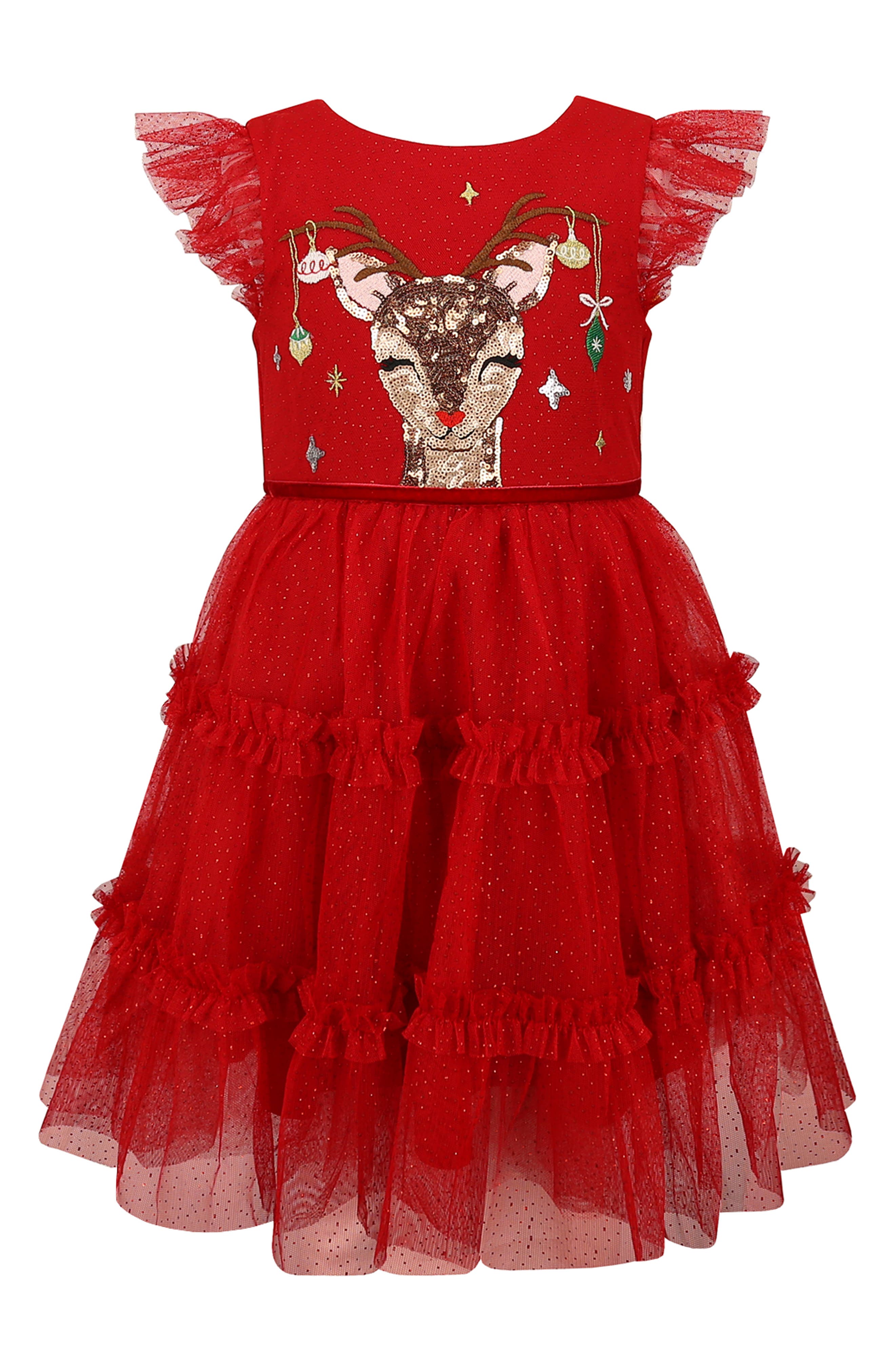 Kids' Reindeer Sequined Tiered Glitter Mesh Dress