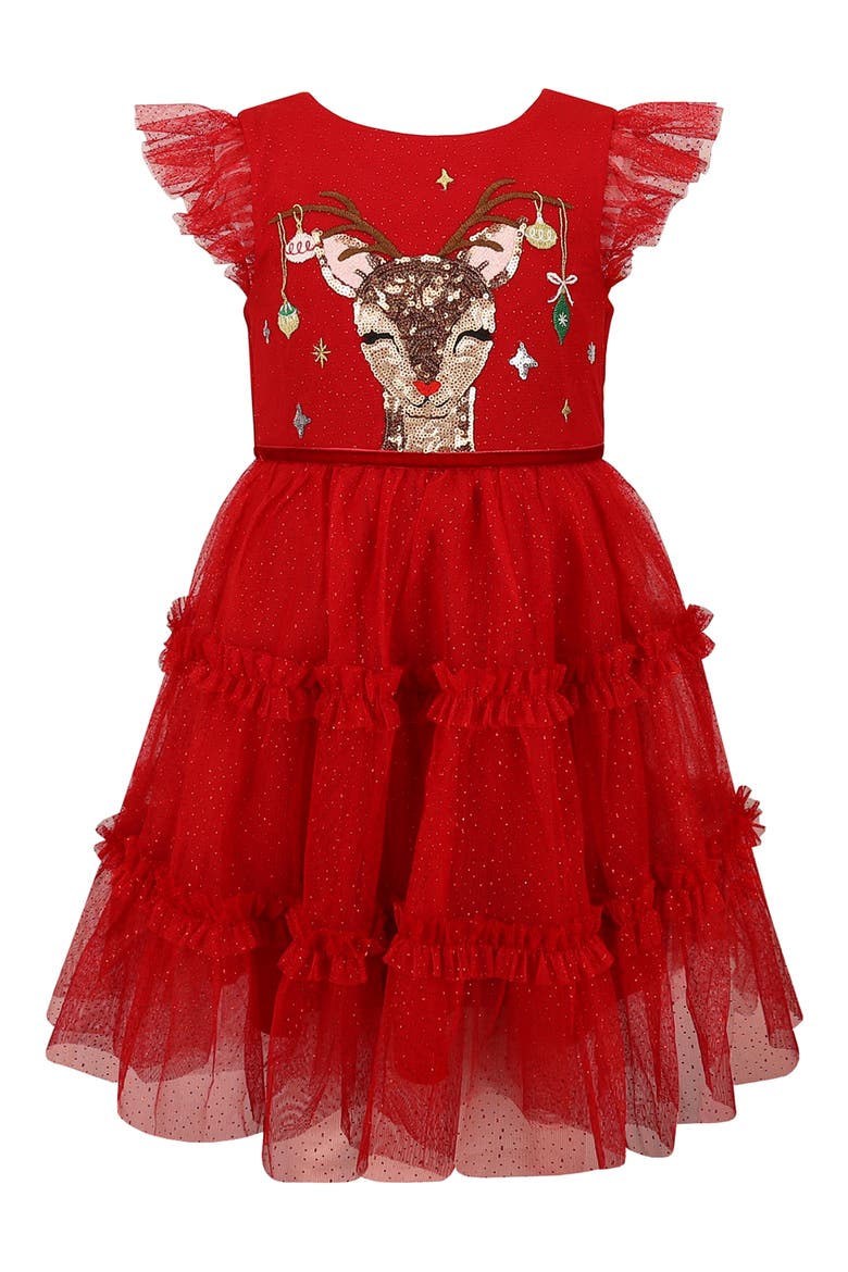 Kids' Reindeer Sequined Tiered Glitter Mesh Dress, Main, color, RED