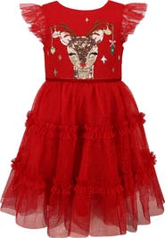 Zunie Kids' Reindeer Sequined Tiered Glitter Mesh Dress
