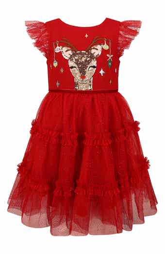 Kids' Reindeer Sequined Tiered Glitter Mesh Dress