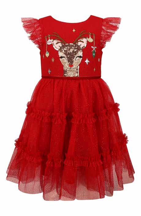 Kids' Reindeer Sequined Tiered Glitter Mesh Dress