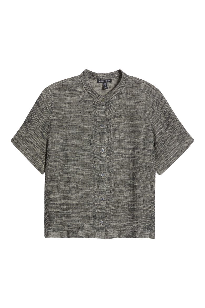Short Sleeve Organic Linen Blend Button-Up Shirt, Alternate, color, BLACK/ NATURAL