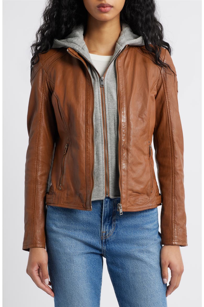 Allice Leather Moto Jacket, Alternate, color, COGNAC