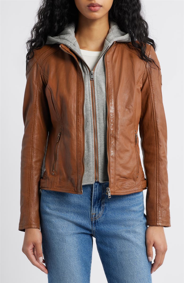 MAURITIUS Allice Leather Moto Jacket, Alternate, color, Cognac