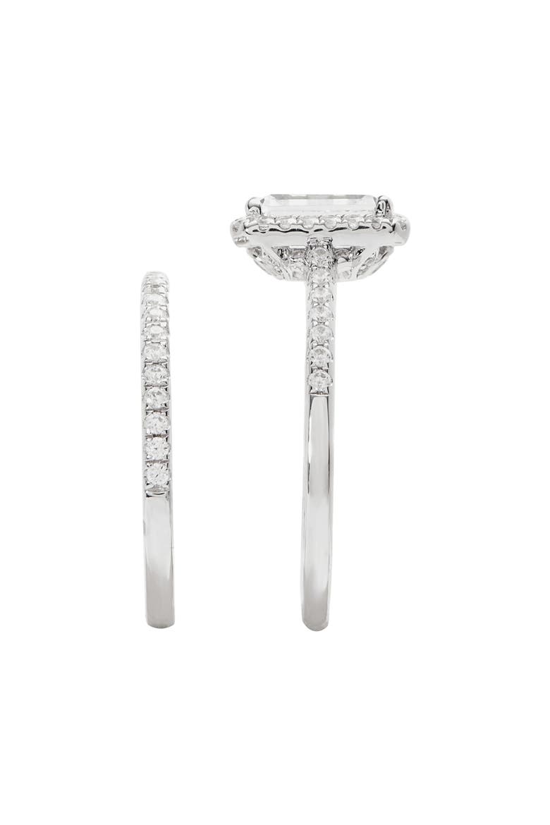 Emerald Cut Halo Engagement Ring & Wedding Band Set, Alternate, color, SILVER/ CLEAR