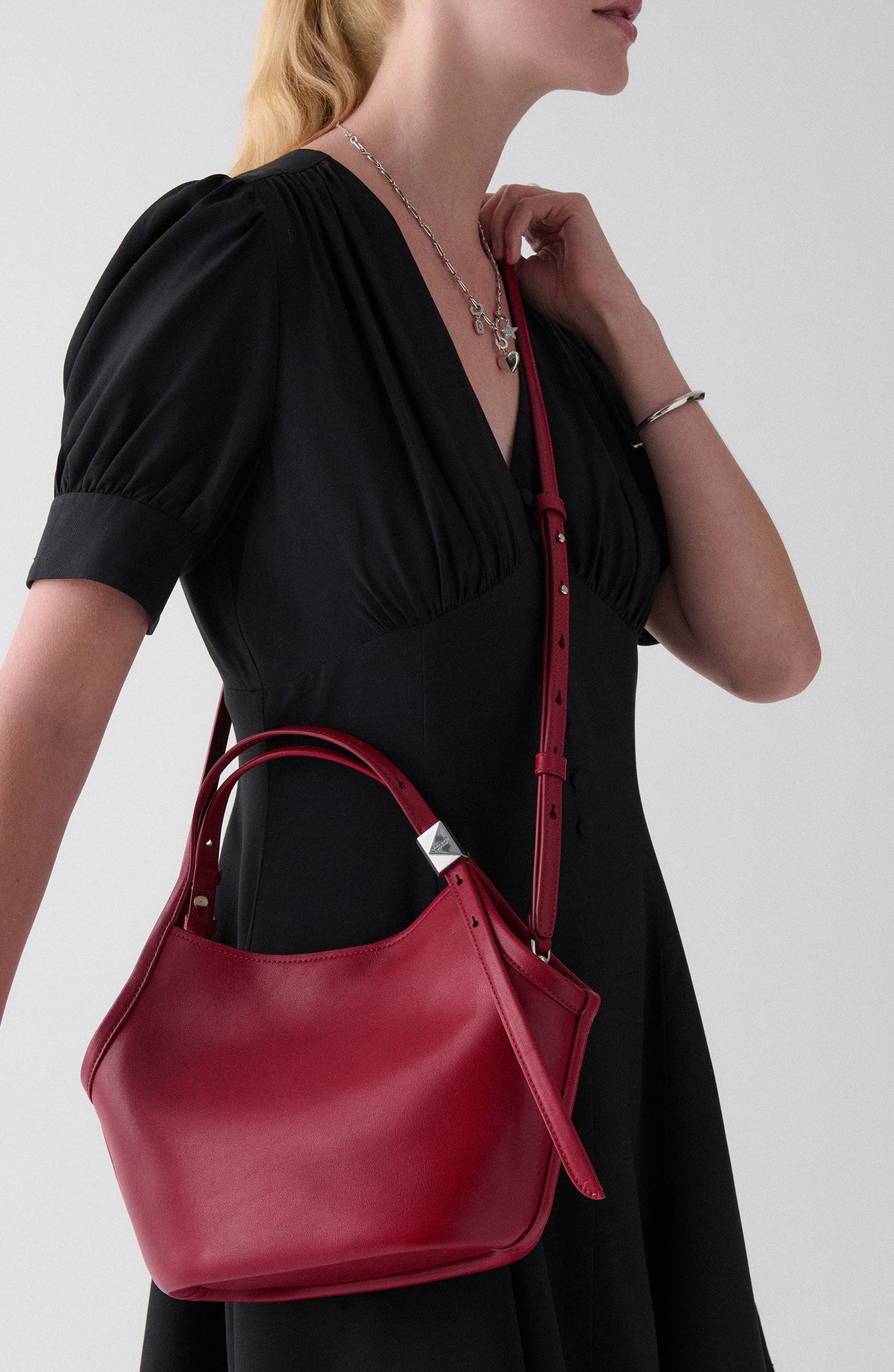 small deco fine grain leather tulip top handle bag, Alternate, color, RED JAM