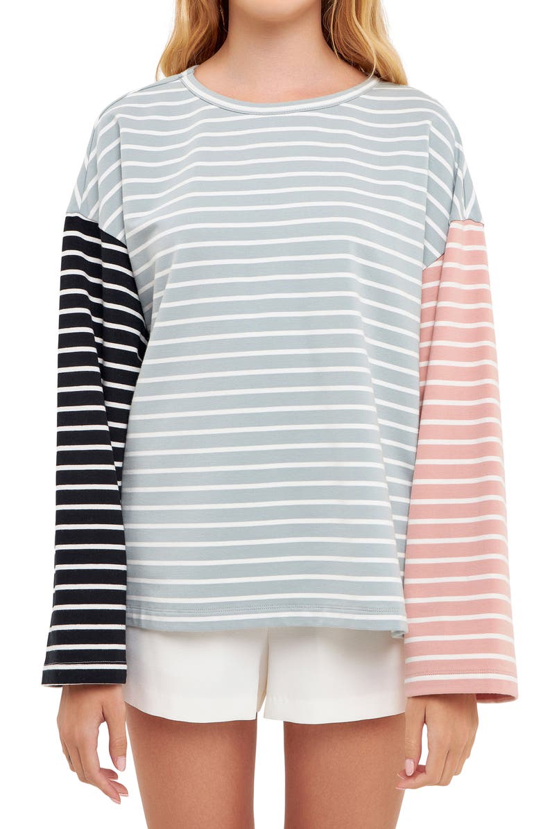 English Factory Colorblock Stripe Long Sleeve Stretch Cotton Top, Alternate, color, Pistachio Multi