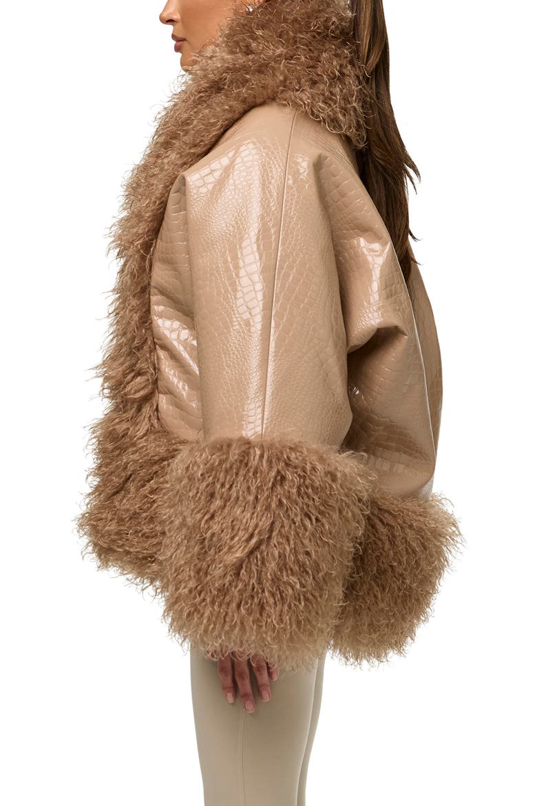 Croc Embossed Faux Leather & Faux Fur Cocoon Coat, Alternate, color, BISCOTTI