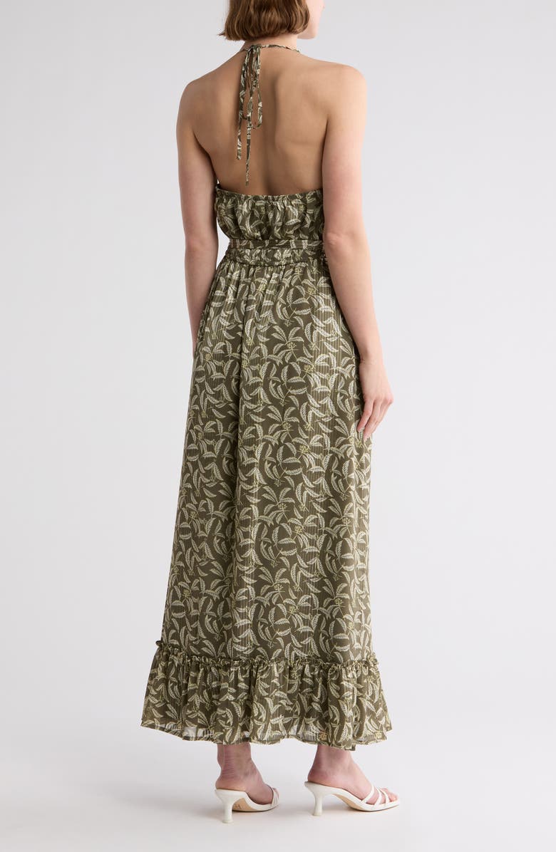 Melrose and Market Ruffle Tie Waist Maxi Halter Sundress, Alternate, color, Olive- Green Vintage Leaves
