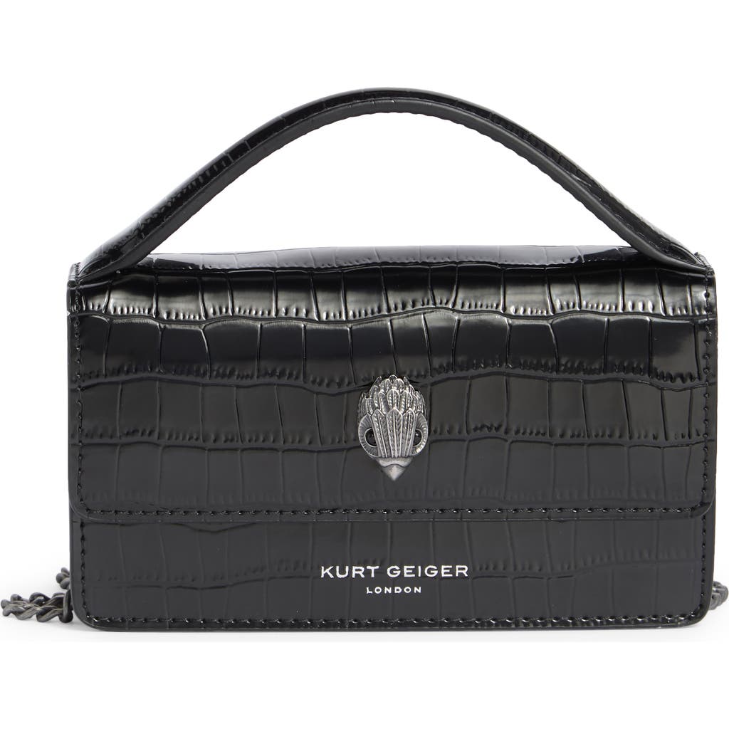 Kurt Geiger London Xs Bond Croc Embossed Leather Top Handle Bag In Black