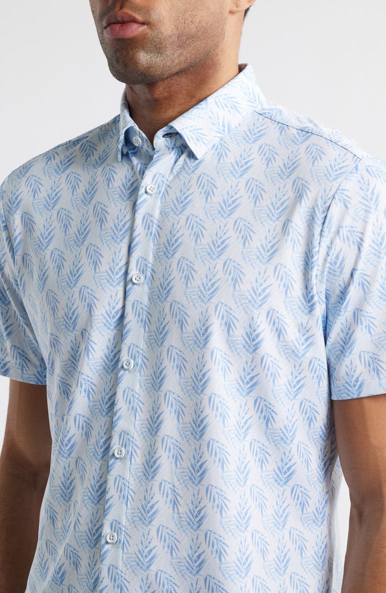 Mizzen+Main Halyard Trim Fit Leaf Print Short Sleeve Button-Up Shirt, Alternate, color, Light Blue Palm