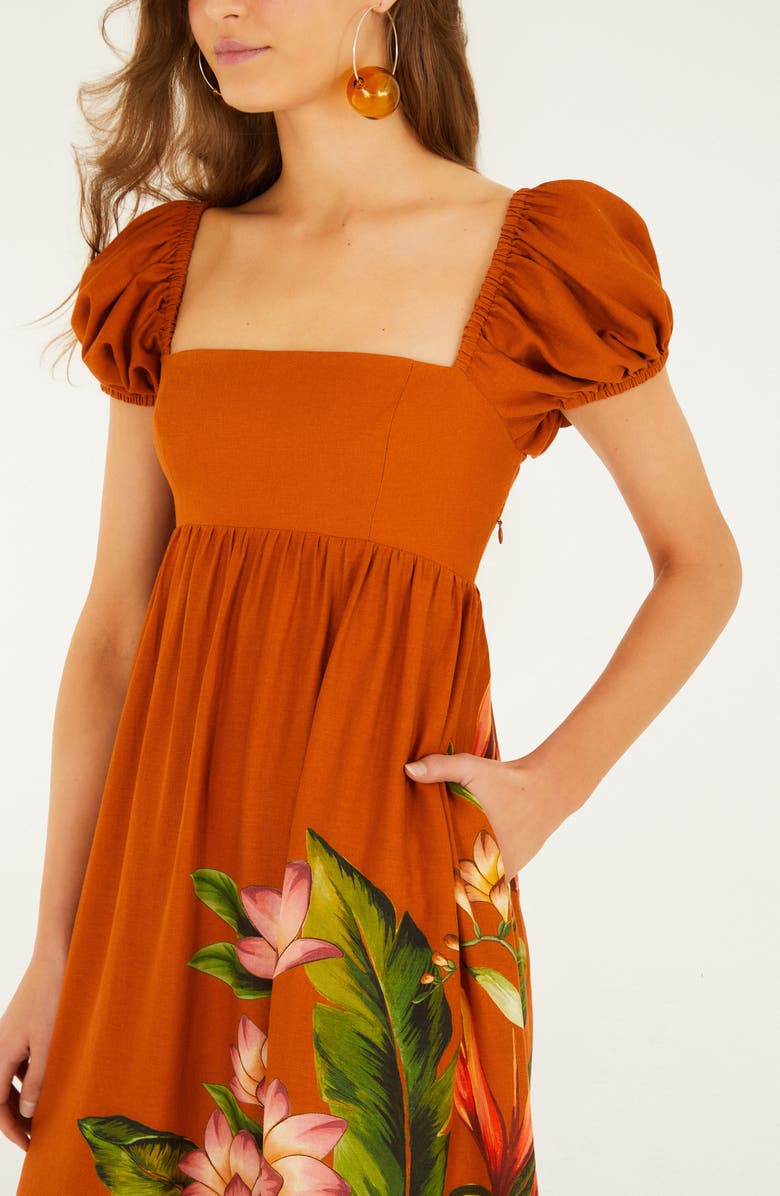 FARM Rio Hilo Arrangement Linen Blend Midi Dress, Alternate, color, Sand