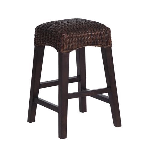 Maui Hyacinth/Wood Backless Stool, Woven Seat with Natural Wood Frame
