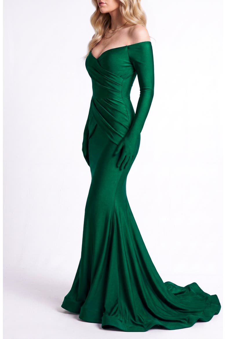 Off-the-Shoulder Draped Long Sleeve Mermaid Evening Gown, Alternate, color, Forest Green