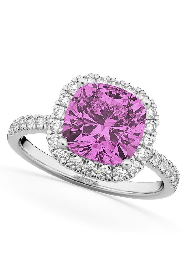 Cushion Cut Halo Lab Pink Sapphire & Lab Diamond Engagement Ring 14k, Main, color, 3.11ct/White Gold