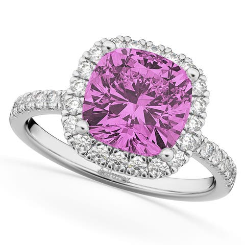 Cushion Cut Halo Lab Pink Sapphire & Lab Diamond Engagement Ring 14k