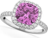 ALLUREZ Cushion Cut Halo Lab Pink Sapphire & Lab Diamond Engagement Ring 14k