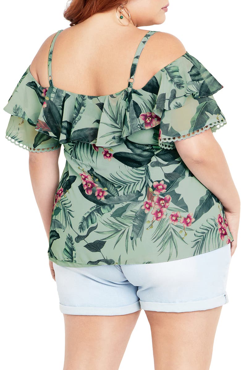 City Chic Phoebe Palm Print Cold Shoulder Top, Alternate, color, 