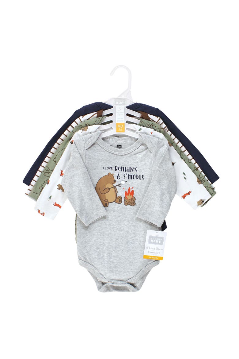 Everyday Long-Sleeve Cotton Babysuits Bundle of 5, Alternate, color, Camping Animals