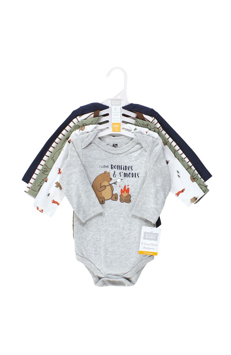 Hudson Baby Everyday Long-Sleeve Cotton Babysuits Bundle of 5, Alternate, color, Camping Animals