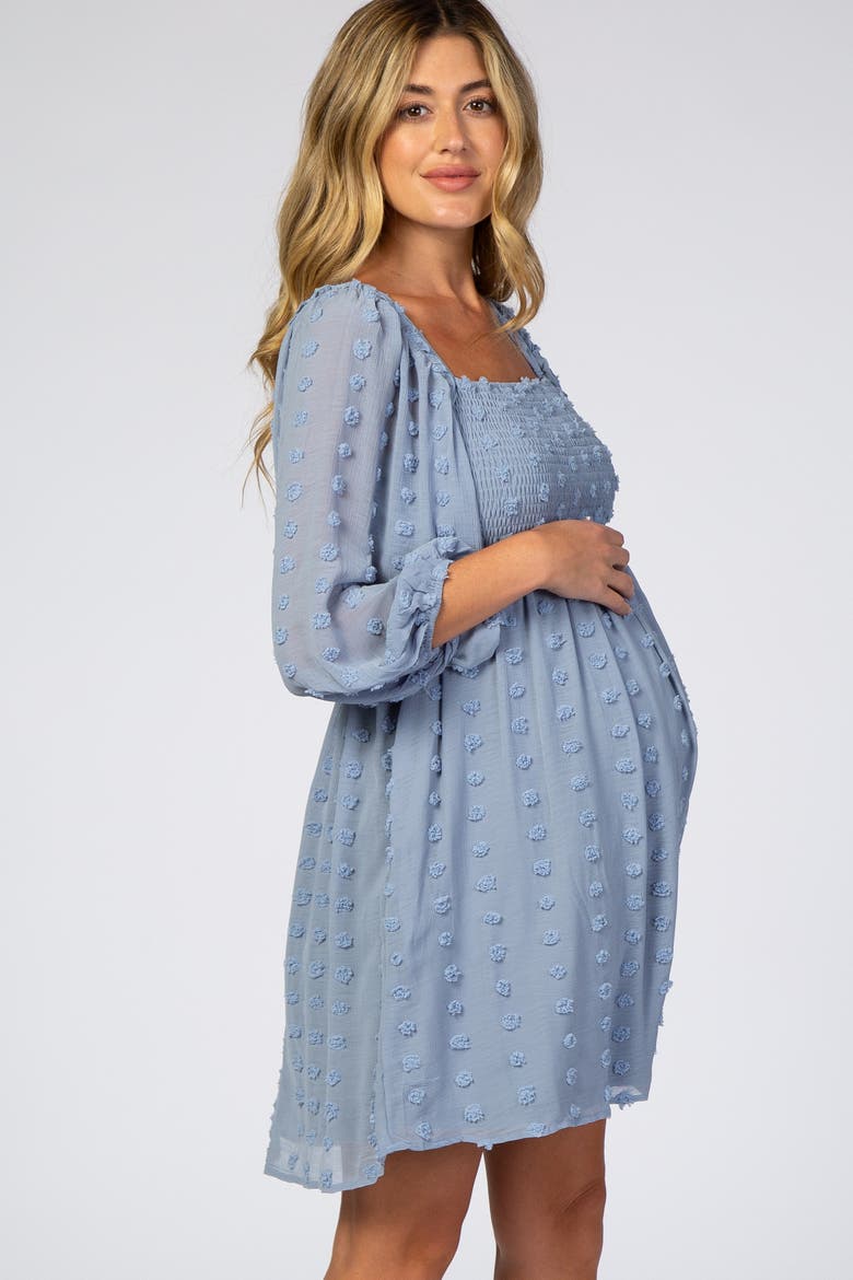 Textured Dot Smocked Square Neck Chiffon Dress, Alternate, color, Light Blue