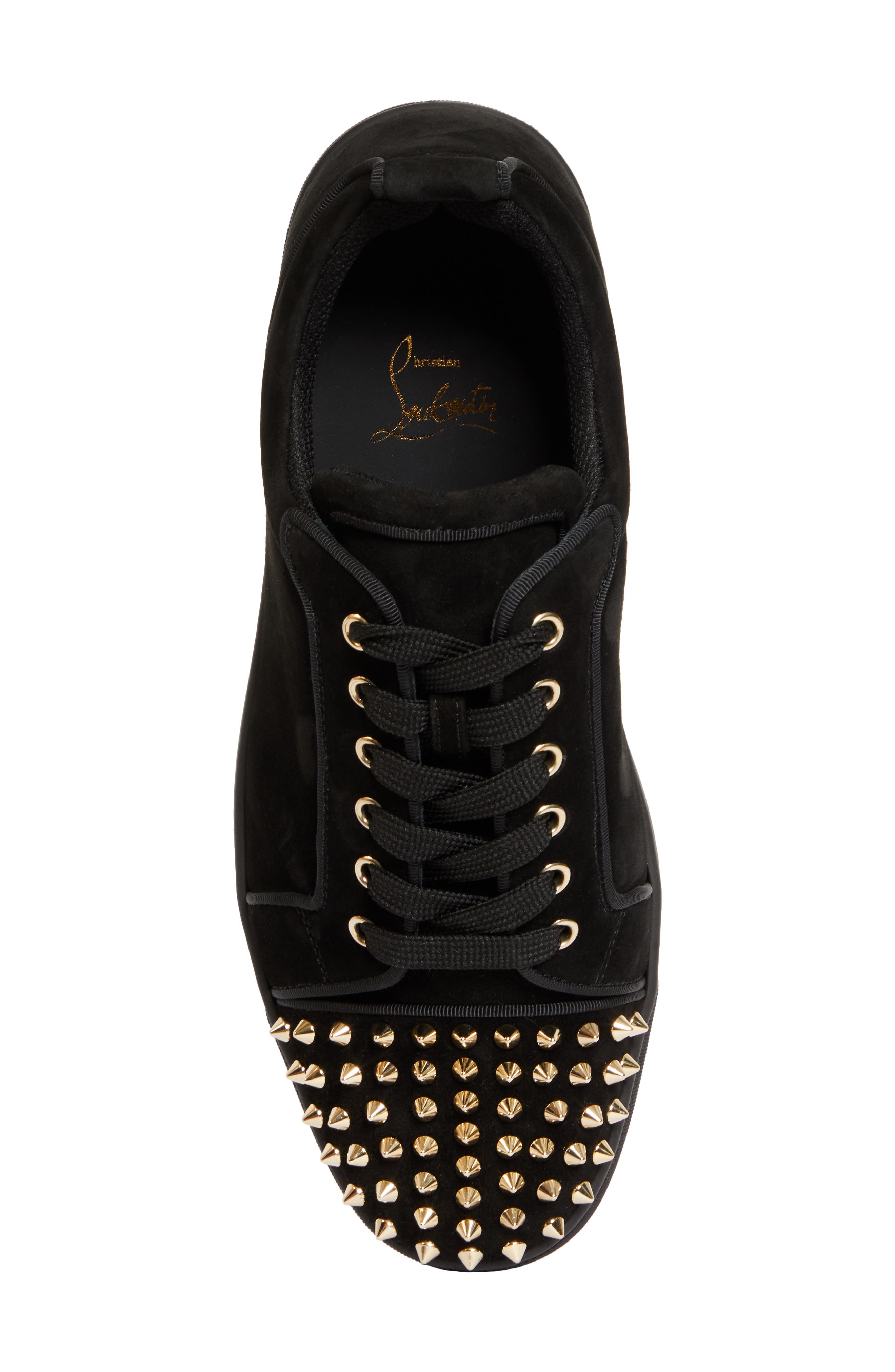 Christian Louboutin Louis Junior Spikes Orlato Suede Sneaker, Alternate, color, Black/ Light Gold