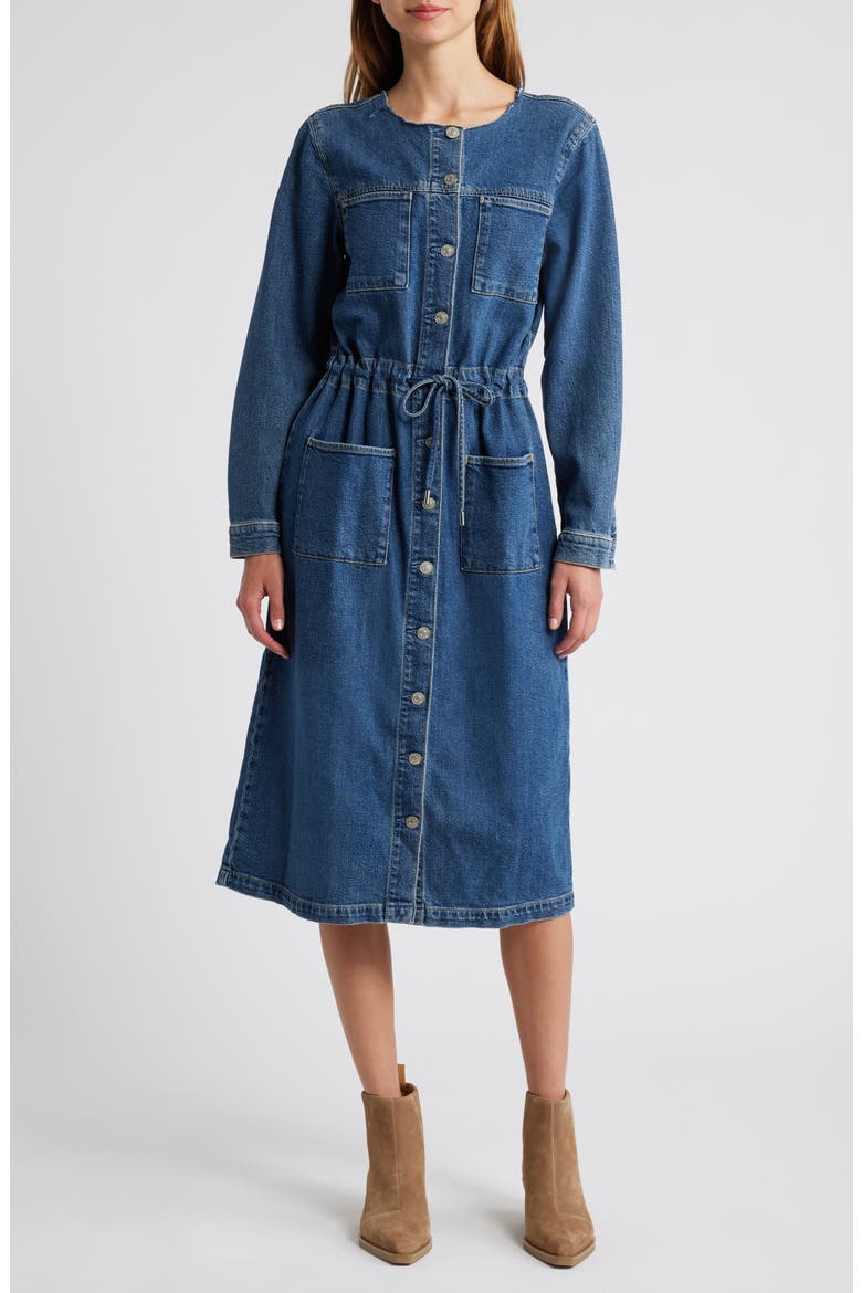 Elysian Long Sleeve Denim Midi Shirtdress, Main, color, PEBBLE BLUE